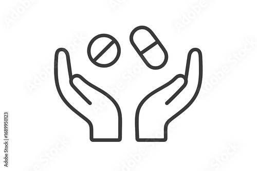 Hands holding pills and capsule. Medical care and treatment concept. Pharmacy, drug, vitamin, and supplement symbol. Health support illustration. Minimalistic line icon vector.