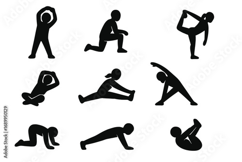 People stretching silhouette icon set. Men and women in fitness exercise poses. Flexibility training, warm-up, cool-down routine. Healthy lifestyle workout, yoga, pilates.