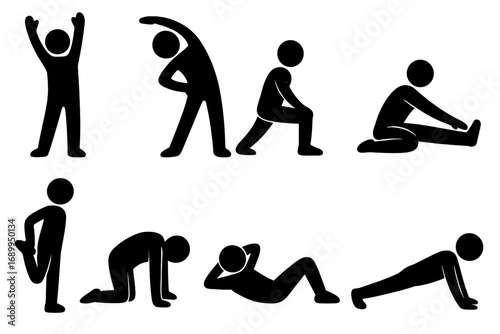 Stick figure people exercise icon set. Man stretching silhouette collection. Fitness, workout, training, gym poses. Plank, lunge, sit up, yoga. Body movement, warm up, flexibility.