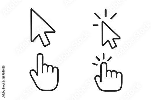 Click cursor mouse arrow and hand pointer icon set. Web digital select, press, and tap symbol collection. Vector line art for UI, UX design. Editable stroke graphic element.