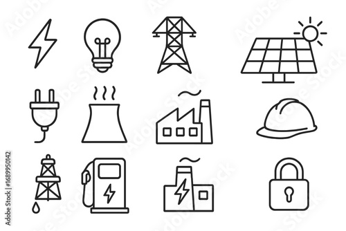 Energy and industry line icon set. Power generation, electricity, fossil fuel, solar panel, factory, construction, safety, and infrastructure security vector symbols.