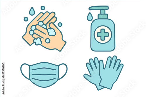 Health protection and hygiene essentials icon set. Vector illustration in flat design. Hand washing, sanitizer, face mask, gloves for virus prevention and safety practices.