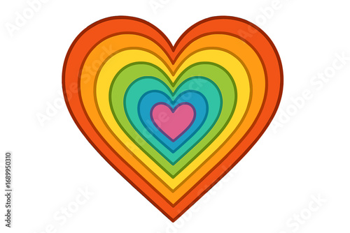 Colorful layered heart design with rainbow colors. Vector for pride month, LGBTQ+ concepts. Symbol of love, equality, diversity. Retro 70s style groovy abstract background.