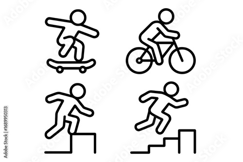 Extreme sports line icon set. Skateboarding, cycling, and parkour linear icons. Urban activity symbols for street sport. Vector pictogram collection of a person freerunning.