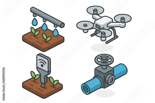 Smart farming isometric icon set. Agriculture technology concept with drone, automated irrigation, soil sensor and water valve. Precision agriculture vector cartoon illustration.