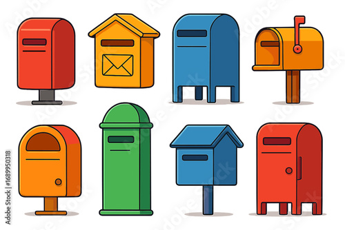 Mailbox collection vector set. Colorful post boxes cartoon illustration. Communication, correspondence, and postal service concept. Postbox and letterbox flat design icons.