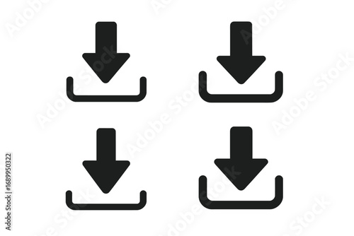 Download icon set. Vector isolated elements. Black vector download web sign. Technology concept. Data transfer arrow symbol for ui ux design. Upload file button illustration.