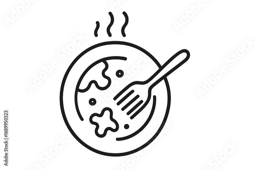 Hot meal line icon. Plate with food and fork vector logo. Eating, lunch, dinner concept. Simple outline symbol for restaurant, cafe menu, cooking, catering. Web pictogram.