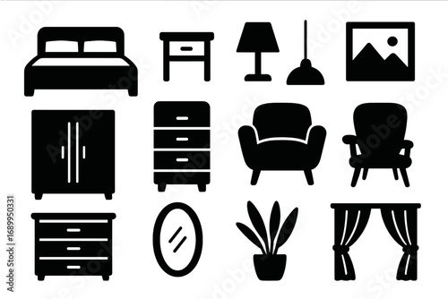 Home furniture icons silhouette set. Bedroom essentials and decor elements. Interior design collection with bed, chair, lamp, and closet. Vector glyphs for house furnishing.