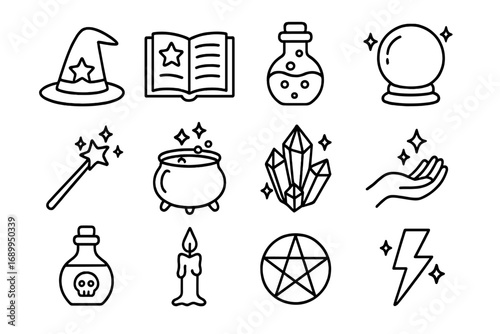 Magic and fantasy vector icon set. Witchcraft, sorcery, and alchemy linear symbols. Wizard hat, spell book, potion, cauldron, wand, crystal ball, pentagram cartoon icons.