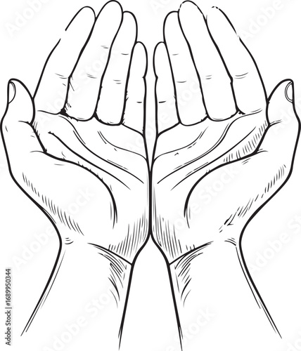 Open Cupped Hands Gesture Line Art begging