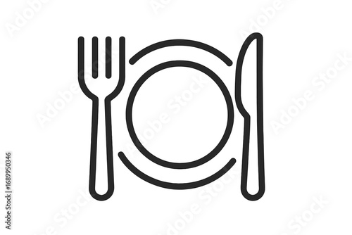 Plate with fork and knife outline icon. Vector symbol for food, dining, restaurant menu. Simple tableware illustration for logo, web, app. Cutlery line pictogram.