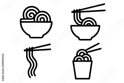 Noodle ramen outline icon set. Asian food concept. Simple line vector graphic of bowl, chopsticks, pasta, wok box. For restaurant menu, chinese or japanese cuisine.