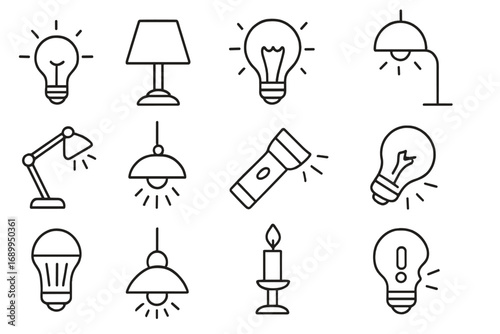 Light and lamp line icon set. Lightbulb, flashlight, candle vector icons. Electricity, energy, idea, solution concepts. Minimalist outline pictograms for web, UI/UX.