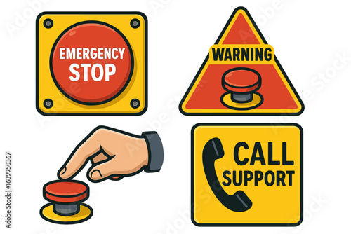 Emergency stop button and warning sign vector set. Hand pressing a red panic button. Concept of danger, alert, safety, and industrial control. Call support icon illustration.