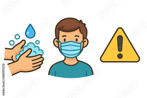 Hygiene practices icon set. Hand washing with soap, man in face mask, and warning sign. Health care, disease prevention, and safety concept. Vector cartoon illustration.