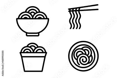 Noodle ramen line icon set. Asian food vector symbols. Chopsticks, bowl, takeout box. Chinese, japanese kitchen sign. Minimalist pasta logo for menu, web, app design.