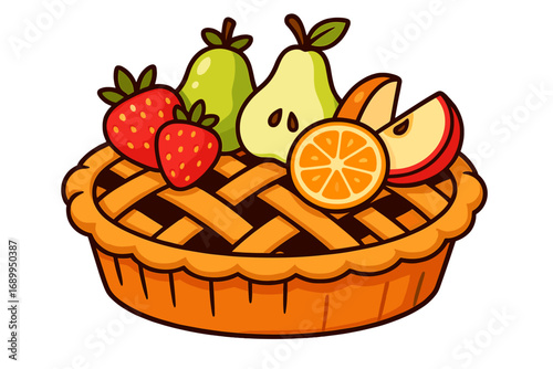 Fruit pie vector cartoon illustration. Sweet homemade dessert with lattice crust. Fresh fruits like strawberry, pear, apple and orange topping. Isolated on white background.