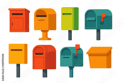 Set of colorful mailboxes. Collection of various postbox and letterbox types. Mail delivery, postage and communication concept. Vector cartoon flat design icon illustration.