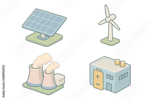 Isometric energy production icon set. Vector cartoon of solar panel, wind turbine, nuclear power plant, battery factory. Renewable, alternative, green power generation concept.