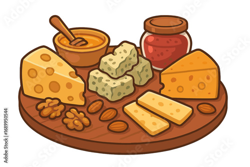 Cartoon cheese platter with assortment of cheeses, honey, jam, and nuts. Vector illustration of a charcuterie board appetizer with swiss, blue cheese, crackers and almonds.