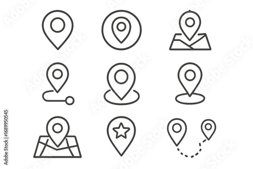 Map pin line icon set. Vector location markers, navigation pointers and destination symbols for web design and apps. GPS geotag, route and address finding outline pictograms.