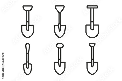 Shovel and spade outline icons bundle. Simple linear vector illustration symbol for digging, gardening, construction. Editable stroke pictogram collection for web and design.