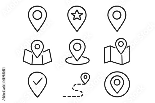 Map pin line icon set. Location marker, navigation pointer, and destination symbols. Vector outline graphic for web, app, and GPS. Geolocation, route, and place signs.