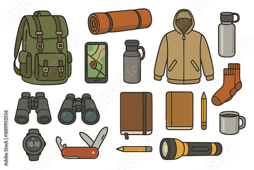 Set of travel equipment for hiking. Vector essentials for outdoor adventure and camping. Backpack, flashlight, map, knife, clothes illustration. Tourist gear flat lay concept.