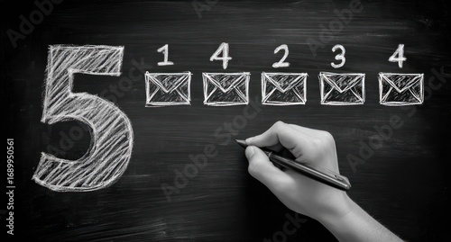 Black and white illustration a hand holding a pen writes numbers above envelopes under a large number 5. The style is like chalk drawing on a blackboard