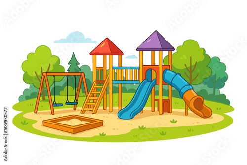 Kids playground in city park. Children's outdoor activity area. Vector cartoon illustration with slide, swing, and sandbox for summer recreation, fun, and leisure. Play area.
