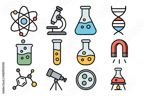 Vector science icon set for lab, research, education. Flat cartoon symbols of atom, microscope, DNA, flask, molecule, magnet, telescope for chemistry, physics, biology.
