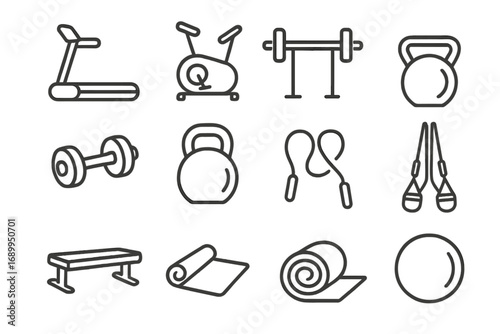 Fitness equipment line icon set. Exercise, workout, gym tools collection in outline style. Vector symbols for health, sport and training. Dumbbell, kettlebell, treadmill icons.