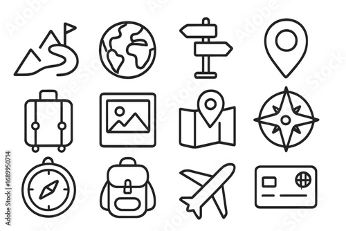 Travel and tourism line icon set. Vector symbols for journey, vacation, and adventure. Includes airplane, map, compass, globe, luggage, and location pin for web design.