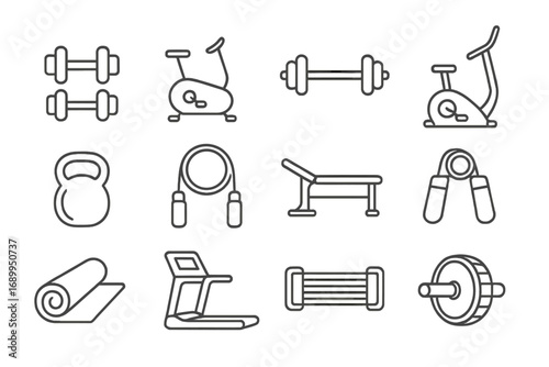 Fitness equipment line icon set. Gym and workout tools collection. Vector illustration in outline style. Dumbbell, treadmill, kettlebell, exercise bike, sport symbols.