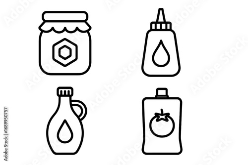 Food and beverage outline icon set. Honey jar, syrup bottle, and sauce packaging icons collection. Vector line art illustration of ketchup, mustard and sweet condiment containers.