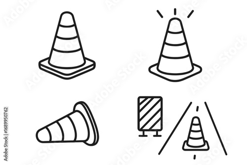 Traffic cone outline vector icon set. Road safety, street construction, and warning symbols collection. Line art pylon for maintenance, barrier, and detour concepts.