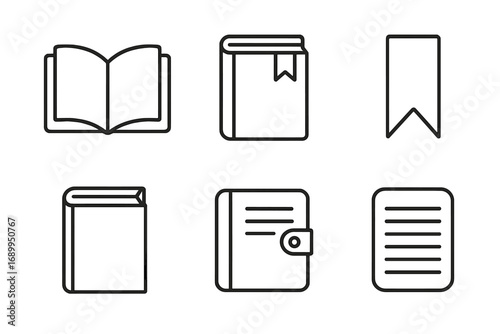 Book icon set. Line art symbols for reading, education, library. Vector outline icons of open book, diary, notebook, journal, bookmark, page. Simple graphic for web design, UI, UX.