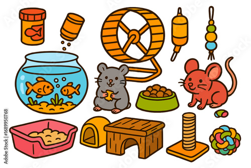 Pet shop accessory set. Collection of colorful cartoon vector icons for small animals. Hamster, mouse, fish, and cat supplies. Food, toys, cage, aquarium, and litter box.