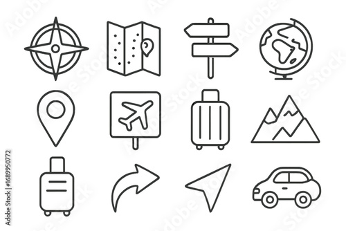 Travel and journey line icon set. Vector outline symbols for tourism and adventure. Navigation signs like compass, map, pin, globe, car, and plane for web and mobile apps.