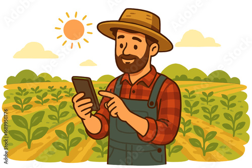 Farmer checking crop data on smartphone in field. Smart farming technology. Agronomist using mobile app for agriculture management. Digital cultivation. Vector cartoon illustration.