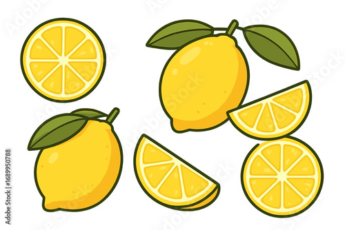 Lemon fruit vector set. Cartoon citrus icons with whole lemons and slices. Fresh juicy food illustration for lemonade, drinks, and healthy organic concepts. Isolated clip art.