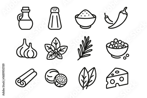 Food ingredients icon set. Spices and herbs outline symbols. Cooking line collection with condiments, garlic, chili, cheese. Vector illustration for kitchen, menu, gourmet.