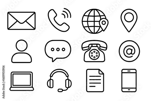 Contact Us simple line icon set. Communication, customer service, support symbols. Vector collection for web and business. Phone, mail, location, chat and user profile icons.