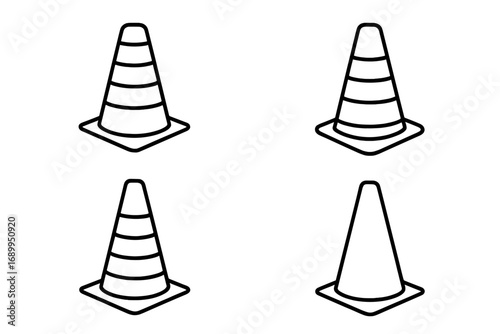 Traffic cone line icon set. Road pylon symbol collection. Under construction and safety warning sign. Street work hazard barrier vector illustration. Minimal outline pictogram.