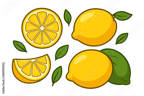 Lemon fruit set with whole lemons, slices, and wedges. Fresh citrus vector cartoon illustration. Concept for healthy food, vitamin C, organic diet, lemonade, and juice. Isolated.