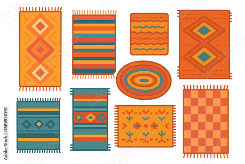 Collection of bohemian rugs with ethnic patterns. Vector set of colorful kilim carpets for interior decor. Abstract geometric floor mats. Handmade textile design elements isolated.