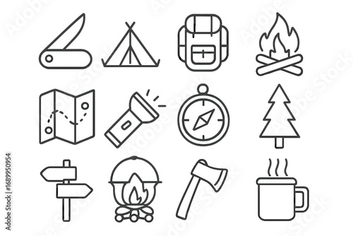 Camping and hiking line icon set. Vector symbols for outdoor adventure and travel. Includes tent, campfire, backpack, compass, map, knife, and other expedition equipment.