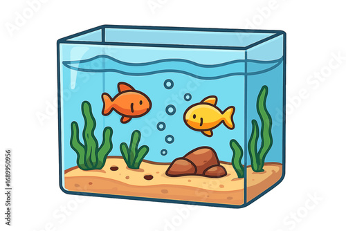 Aquarium with two goldfish vector illustration. Cute cartoon fish tank with water, seaweed and sand. Pet shop icon. Aquatic animal, underwater life concept on transparent background.