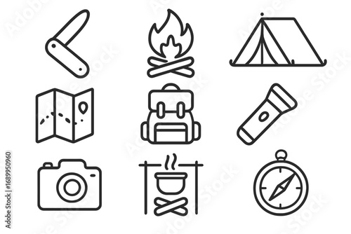 Camping and hiking adventure line icon set. Outdoor travel symbols for web and graphic design. Includes tent, campfire, backpack, compass, map, and knife vector icons.
